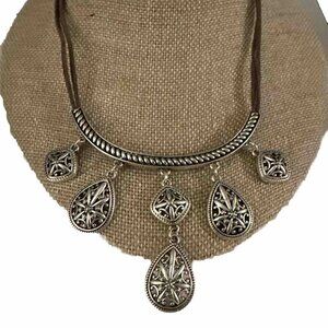 Boho Villager Dangle Necklace Teardrop Silver Tone Brown Cord